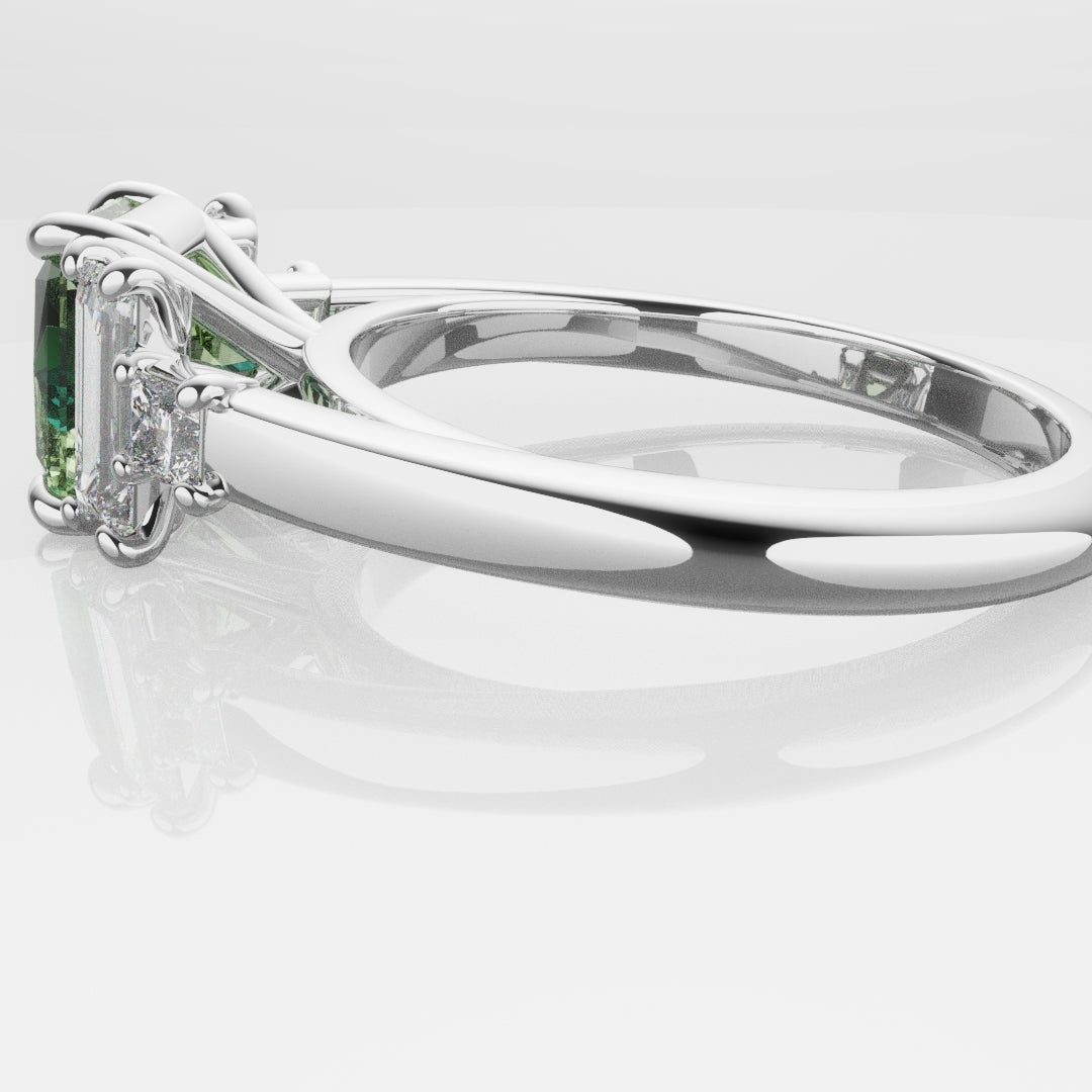 Green Sapphire and Baguette Diamond Engagement Ring