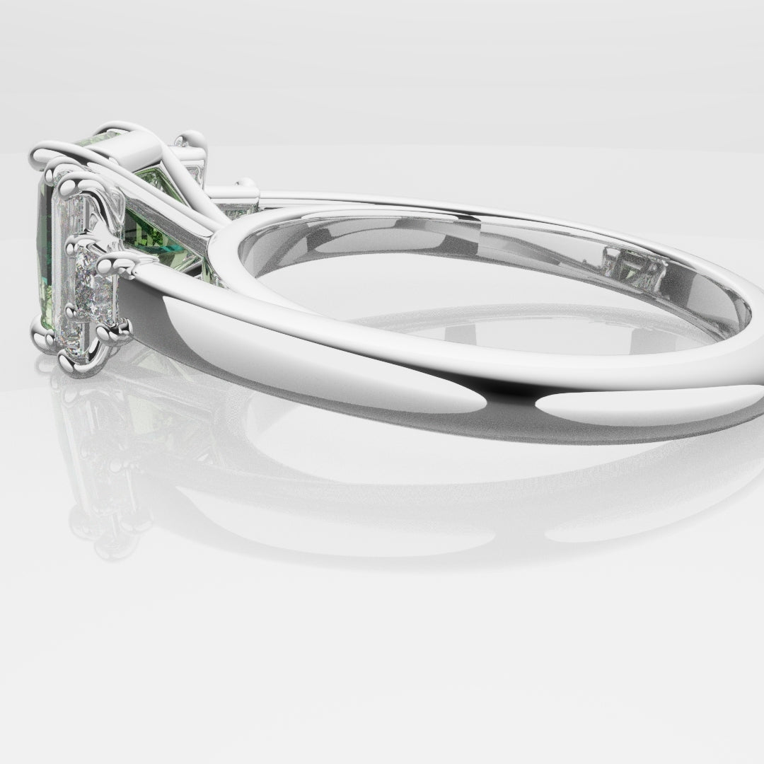 Green Sapphire and Baguette Diamond Engagement Ring