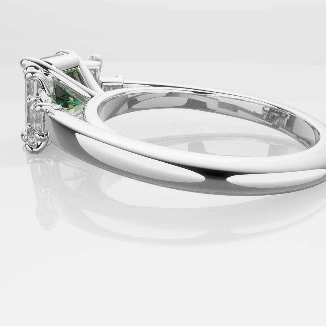 Green Sapphire and Baguette Diamond Engagement Ring