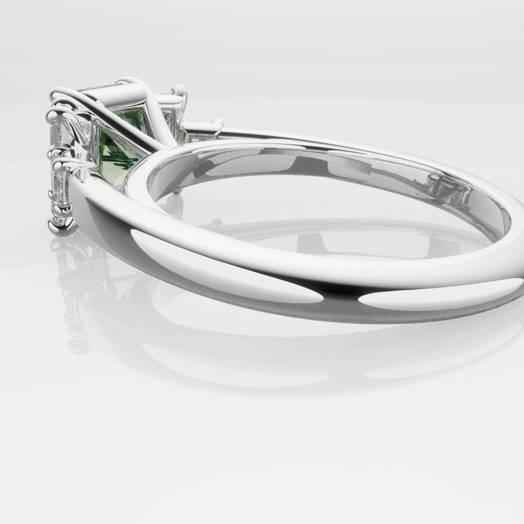 Green Sapphire and Baguette Diamond Engagement Ring