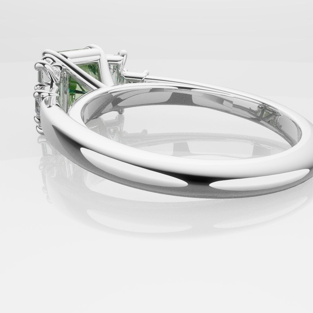 Green Sapphire and Baguette Diamond Engagement Ring