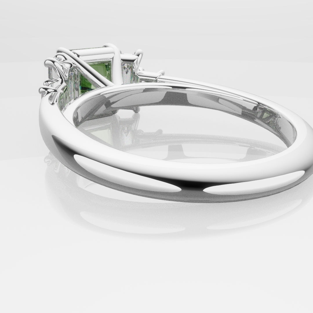 Green Sapphire and Baguette Diamond Engagement Ring