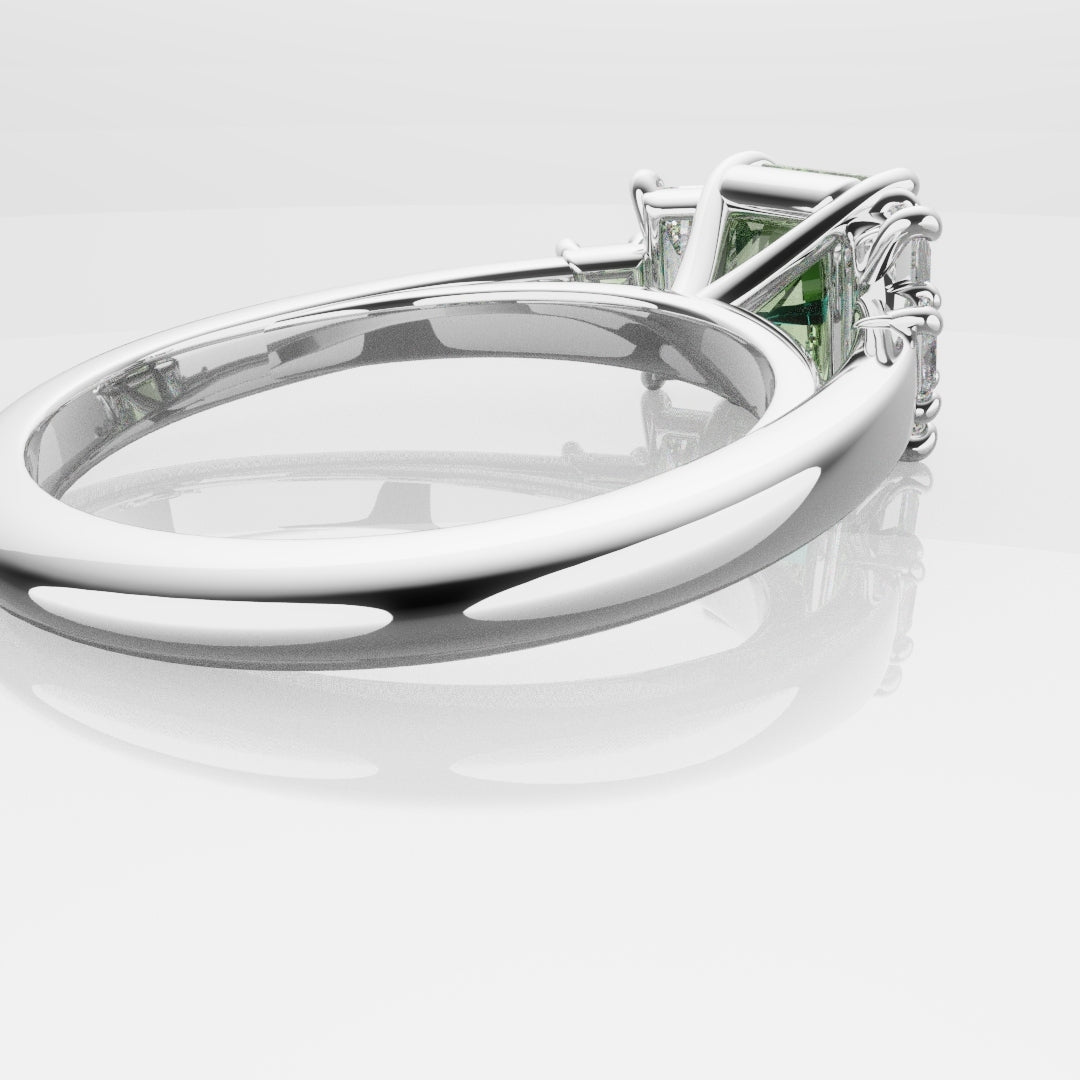Green Sapphire and Baguette Diamond Engagement Ring