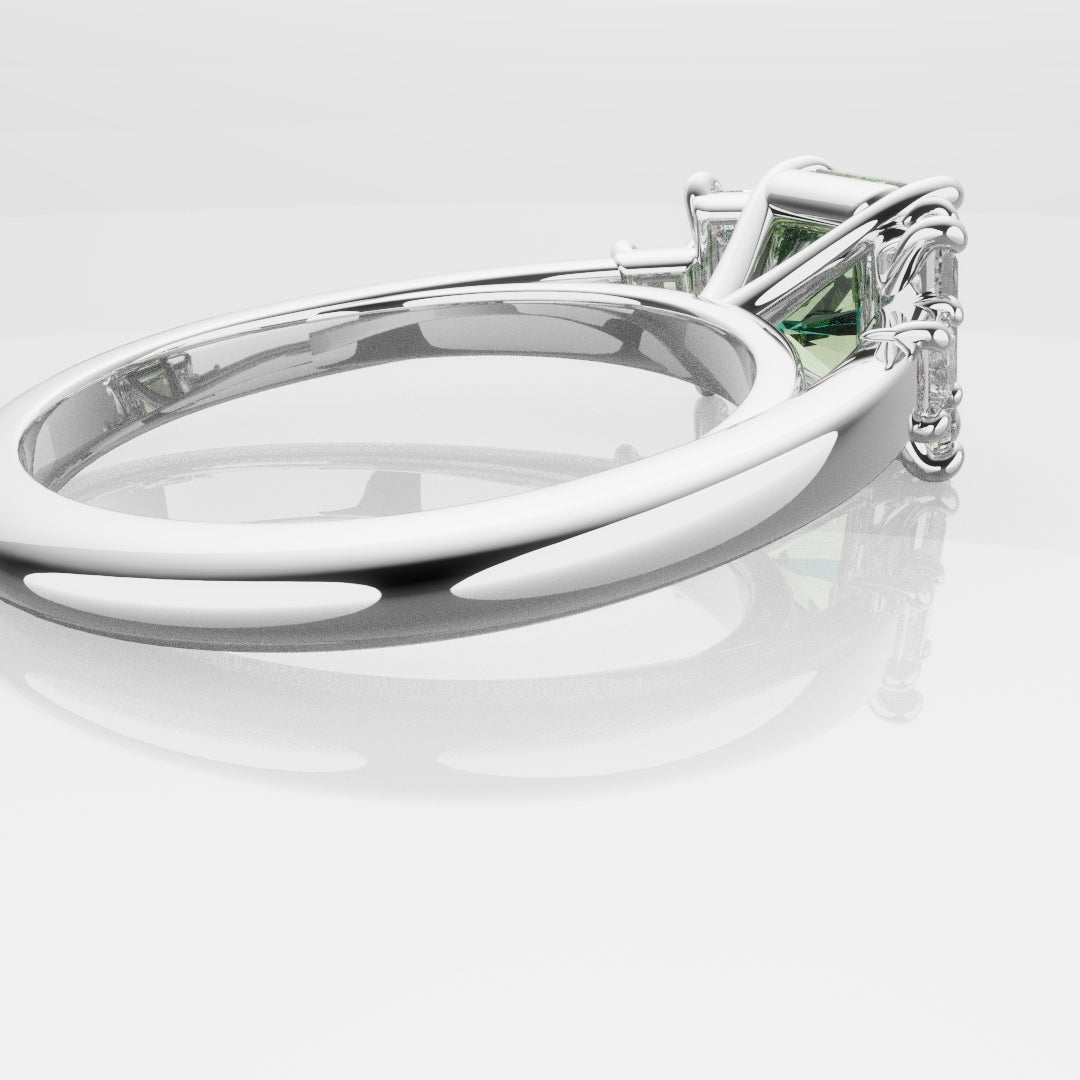 Green Sapphire and Baguette Diamond Engagement Ring