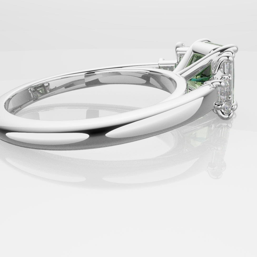 Green Sapphire and Baguette Diamond Engagement Ring