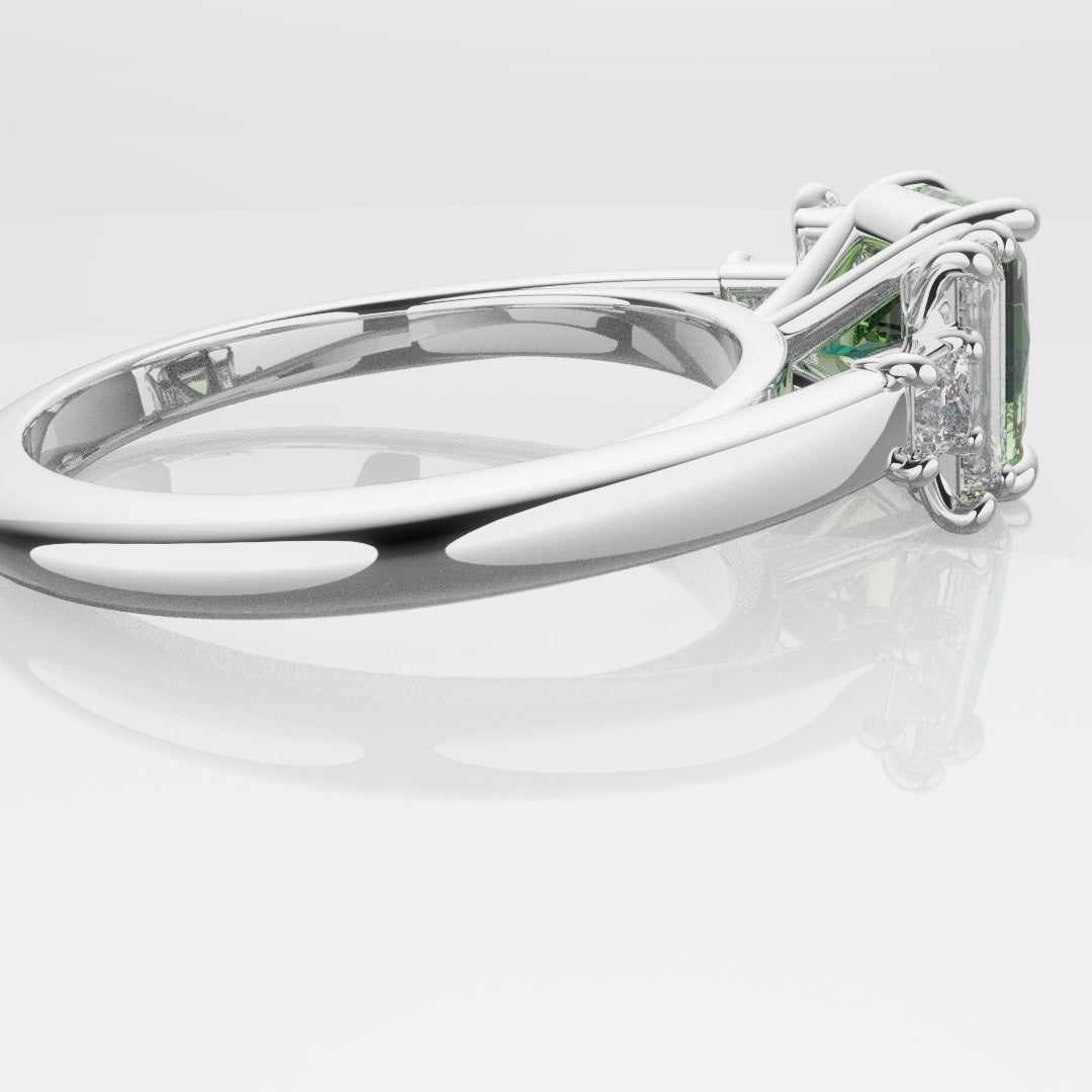 Green Sapphire and Baguette Diamond Engagement Ring
