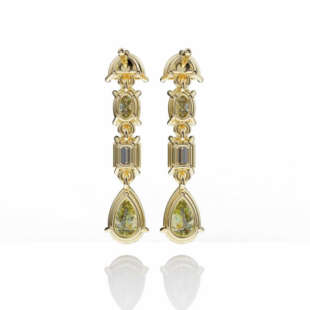 Bespoke high jewellery earrings showcasing pear-shaped fancy yellow diamonds with white diamond accents.