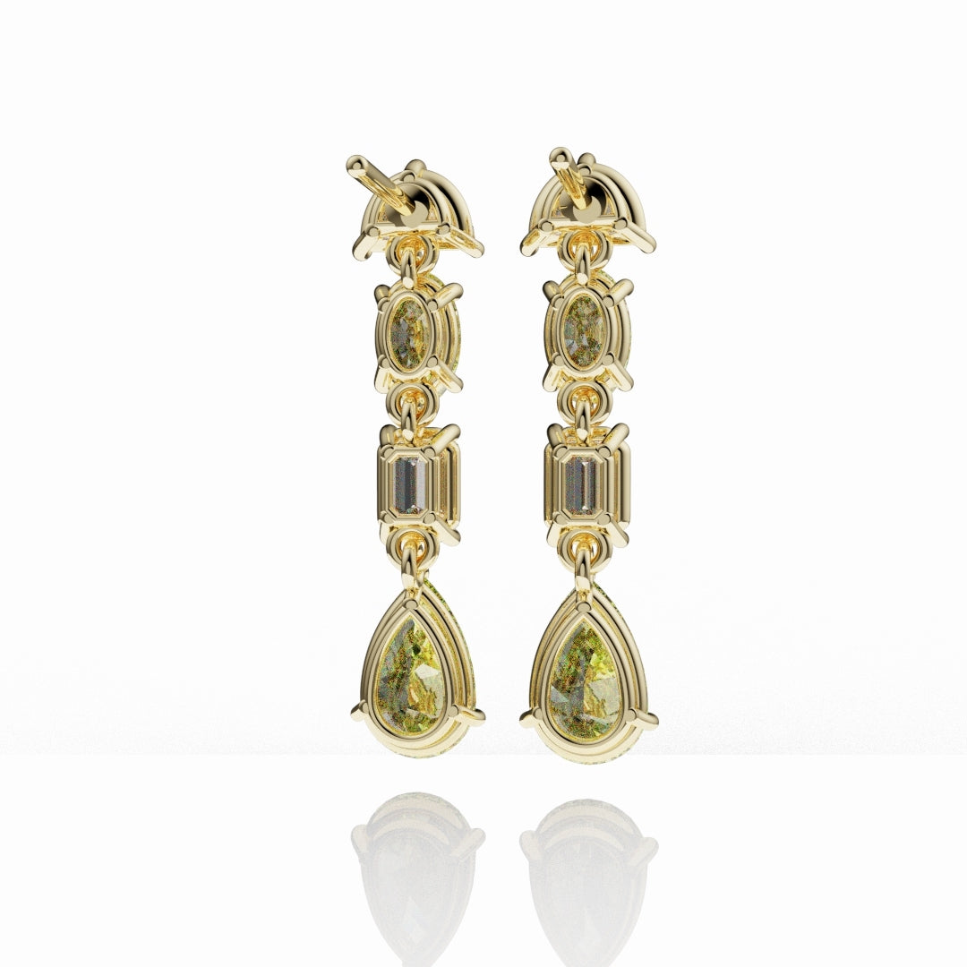 Elegant yellow diamonds and white diamonds multi-shape drop earrings in 18ct gold, fine jewellery design.