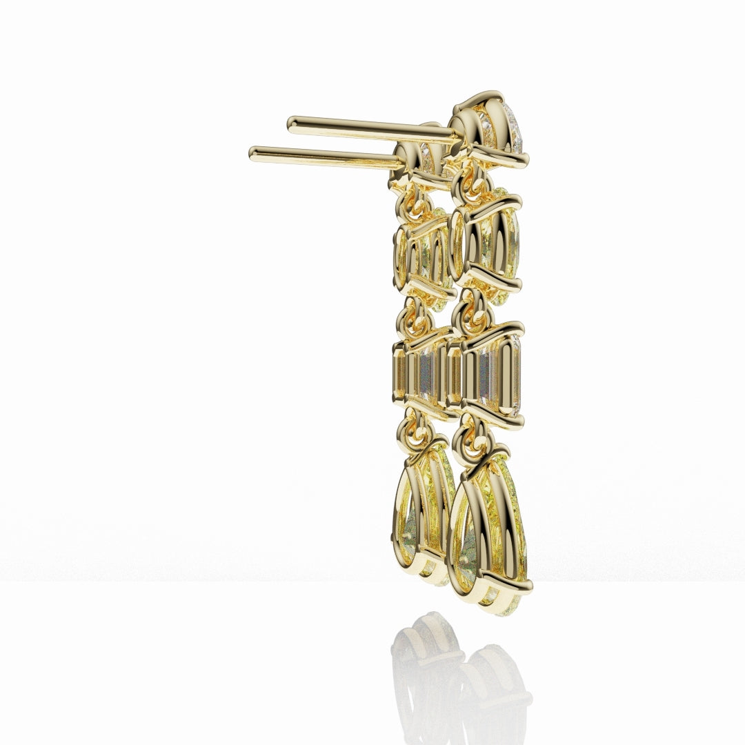 Exclusive handmade yellow diamond drop earrings with multi-cut diamonds for a luxury high-end look.