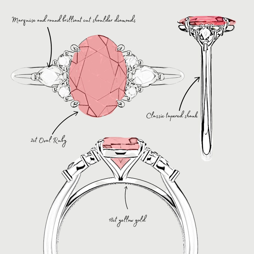 bespoke sketch of oval red ruby engagement ring with marquise shoulder diamonds yellow gold