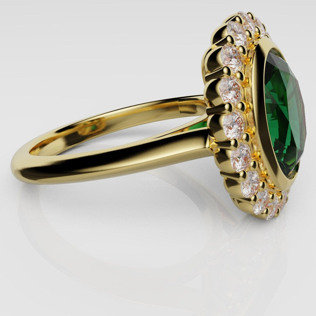 Oval Green Emerald Cluster Engagement Ring