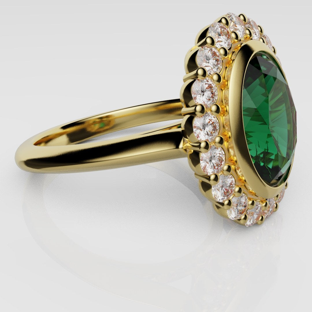 Oval Green Emerald Cluster Engagement Ring