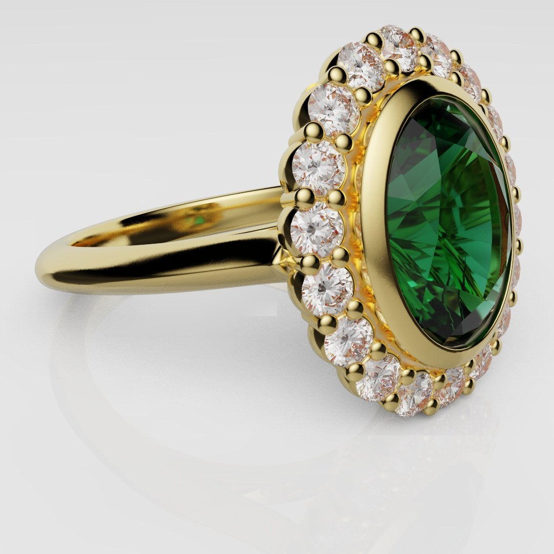 Oval Green Emerald Cluster Engagement Ring