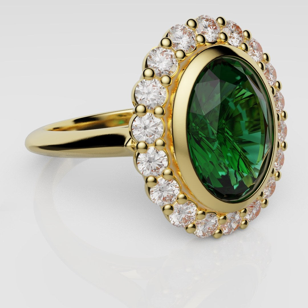 Oval Green Emerald Cluster Engagement Ring