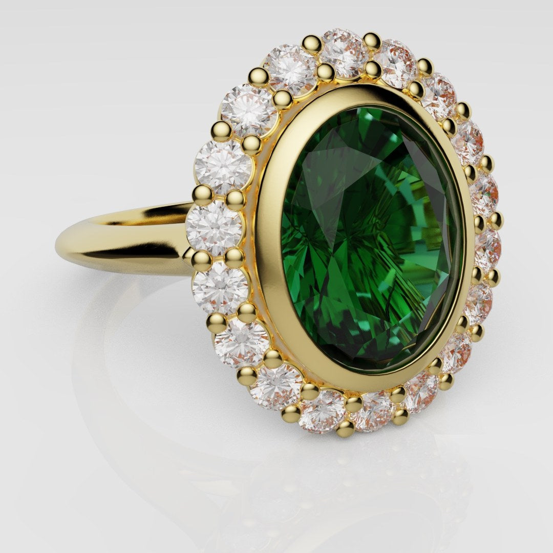 Oval Green Emerald Cluster Engagement Ring