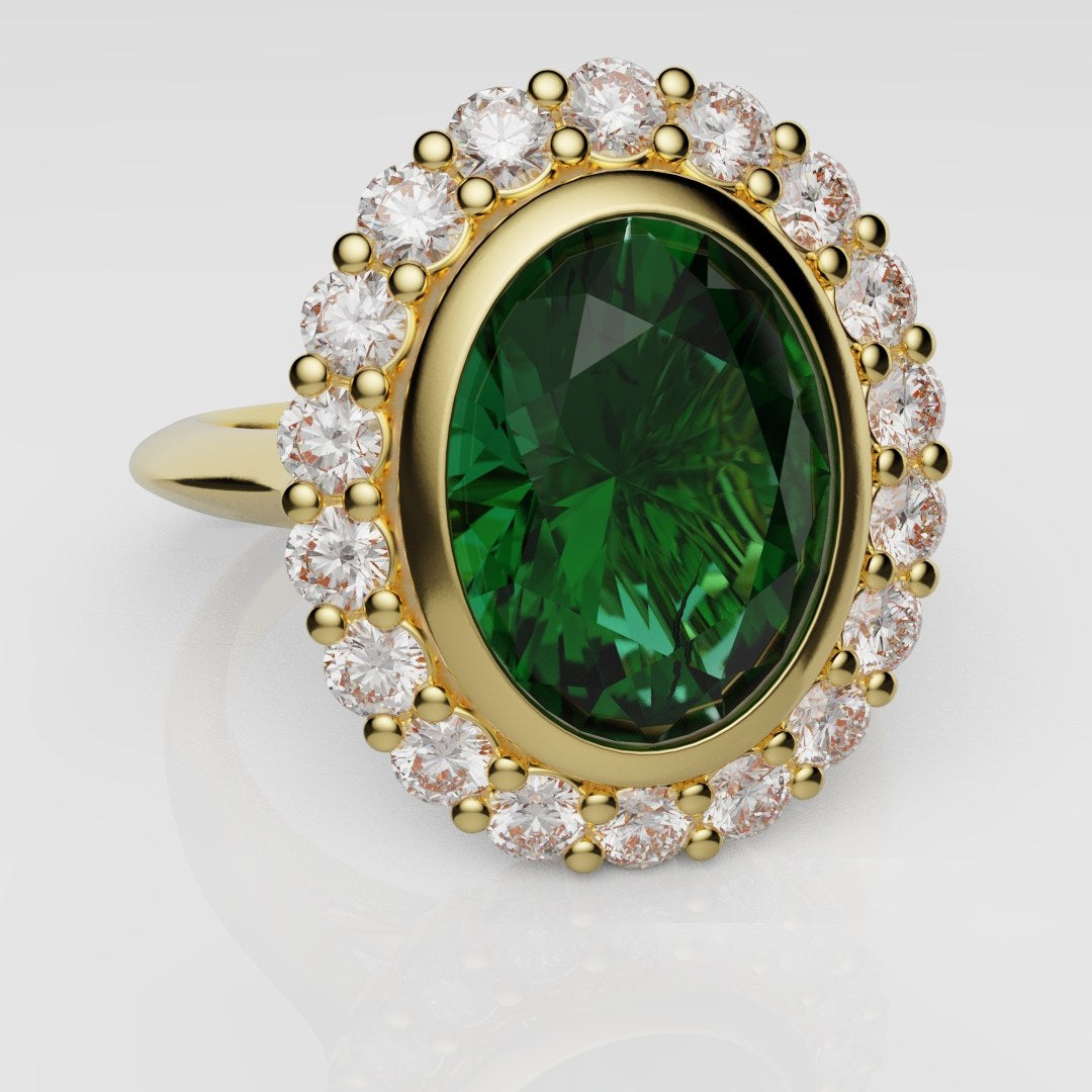 Oval Green Emerald Cluster Engagement Ring