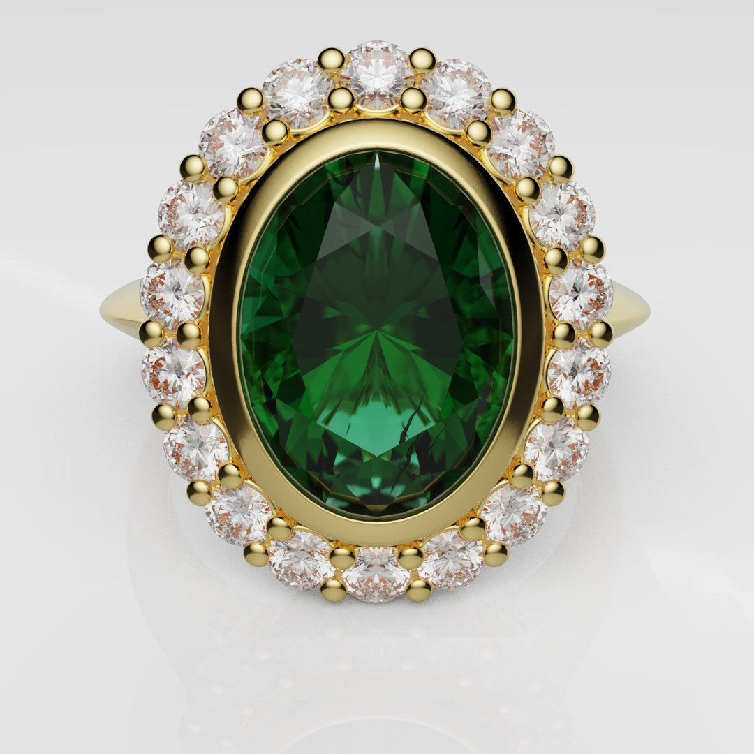 Oval Green Emerald Cluster Engagement Ring