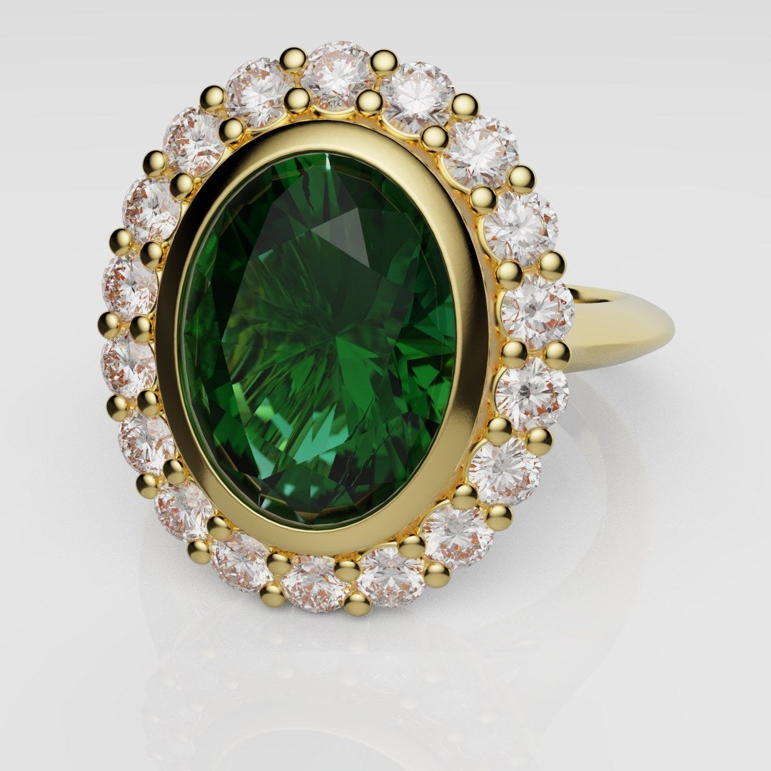 Oval Green Emerald Cluster Engagement Ring