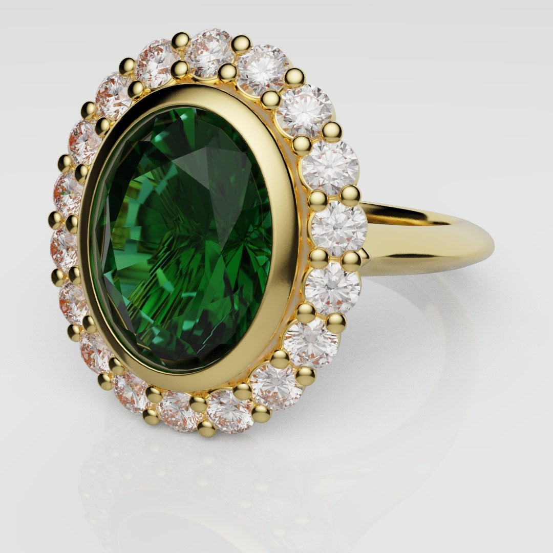 Oval Green Emerald Cluster Engagement Ring