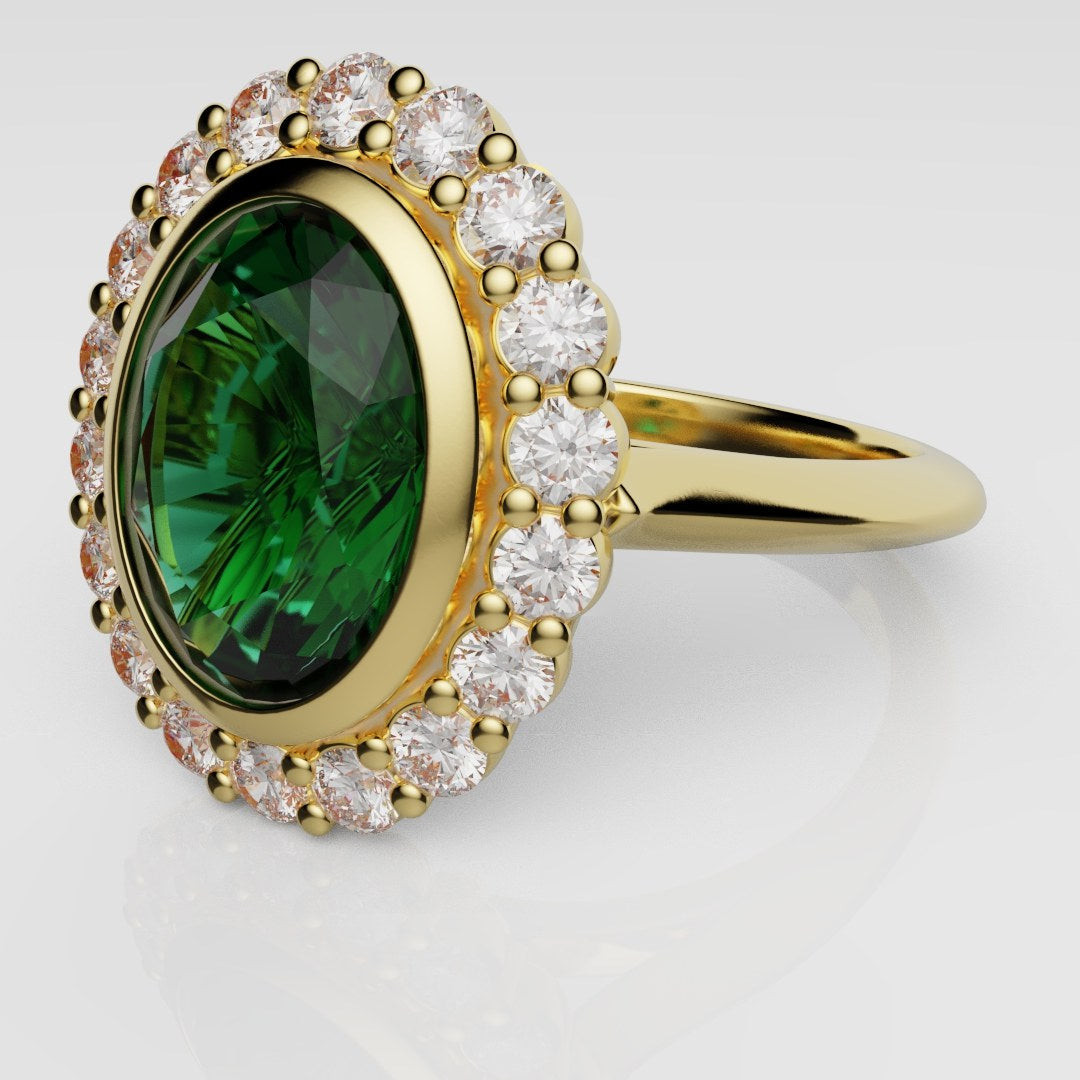 Oval Green Emerald Cluster Engagement Ring