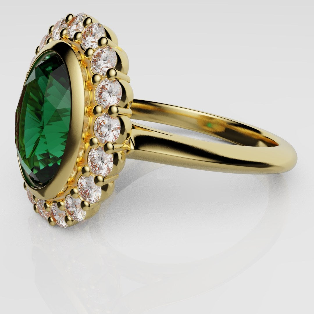Oval Green Emerald Cluster Engagement Ring