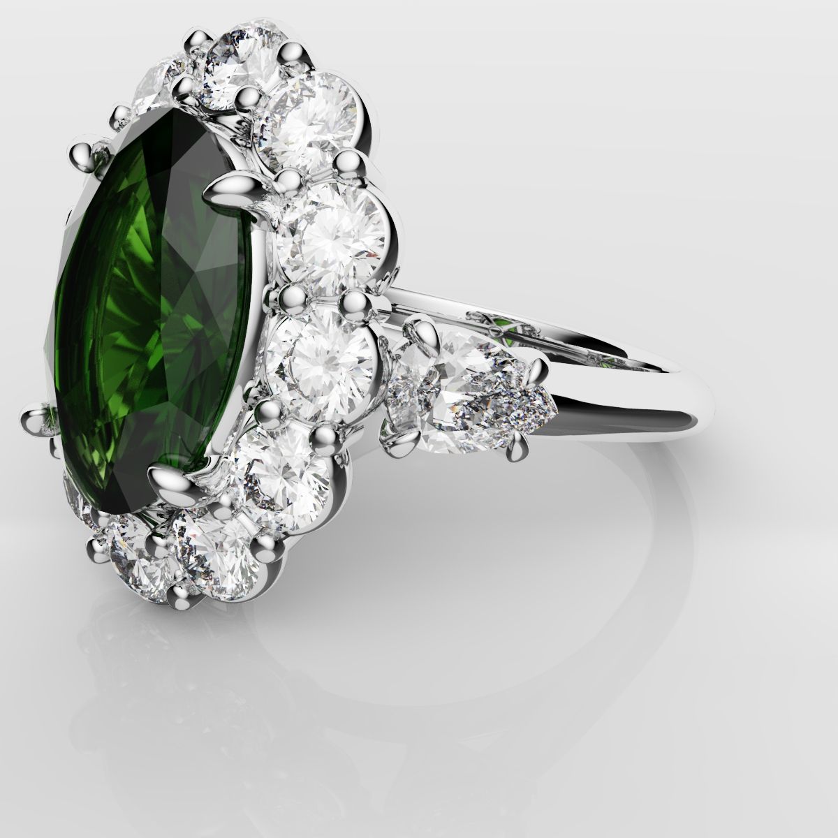 Oval Emerald Cluster Engagement Ring With Pear Shoulder Diamonds