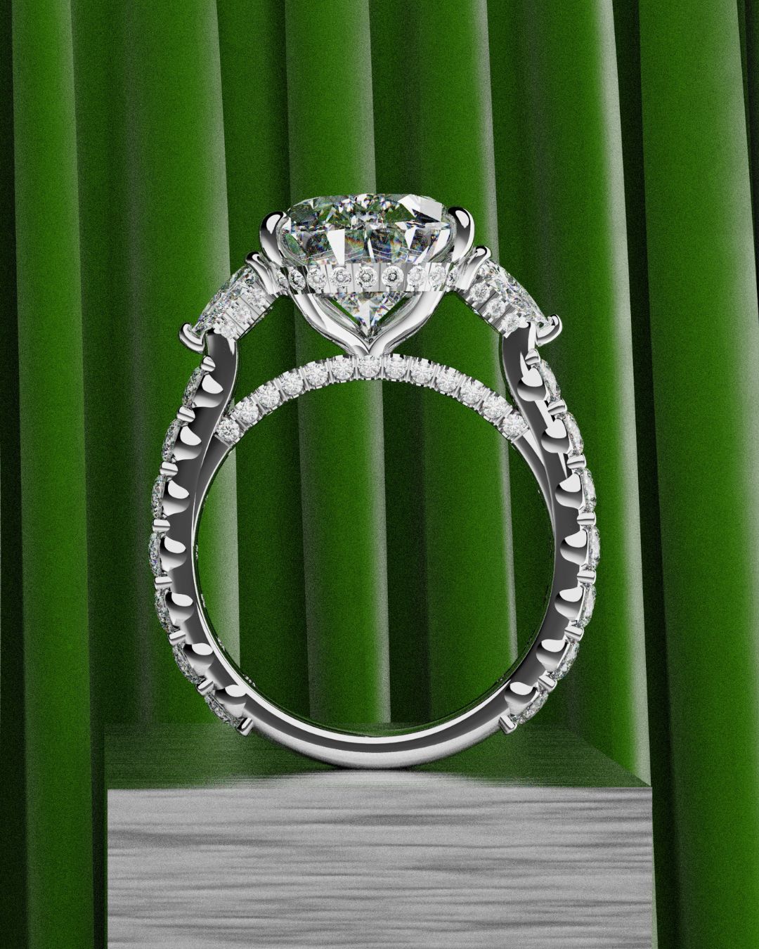Pear and Trilliant Diamond Trilogy Engagement Ring - With Hidden Halo Detailing