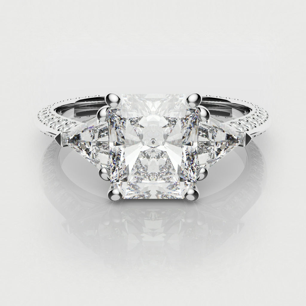 Radiant Cut and Trilliant Diamond Three Stone Engagement Ring