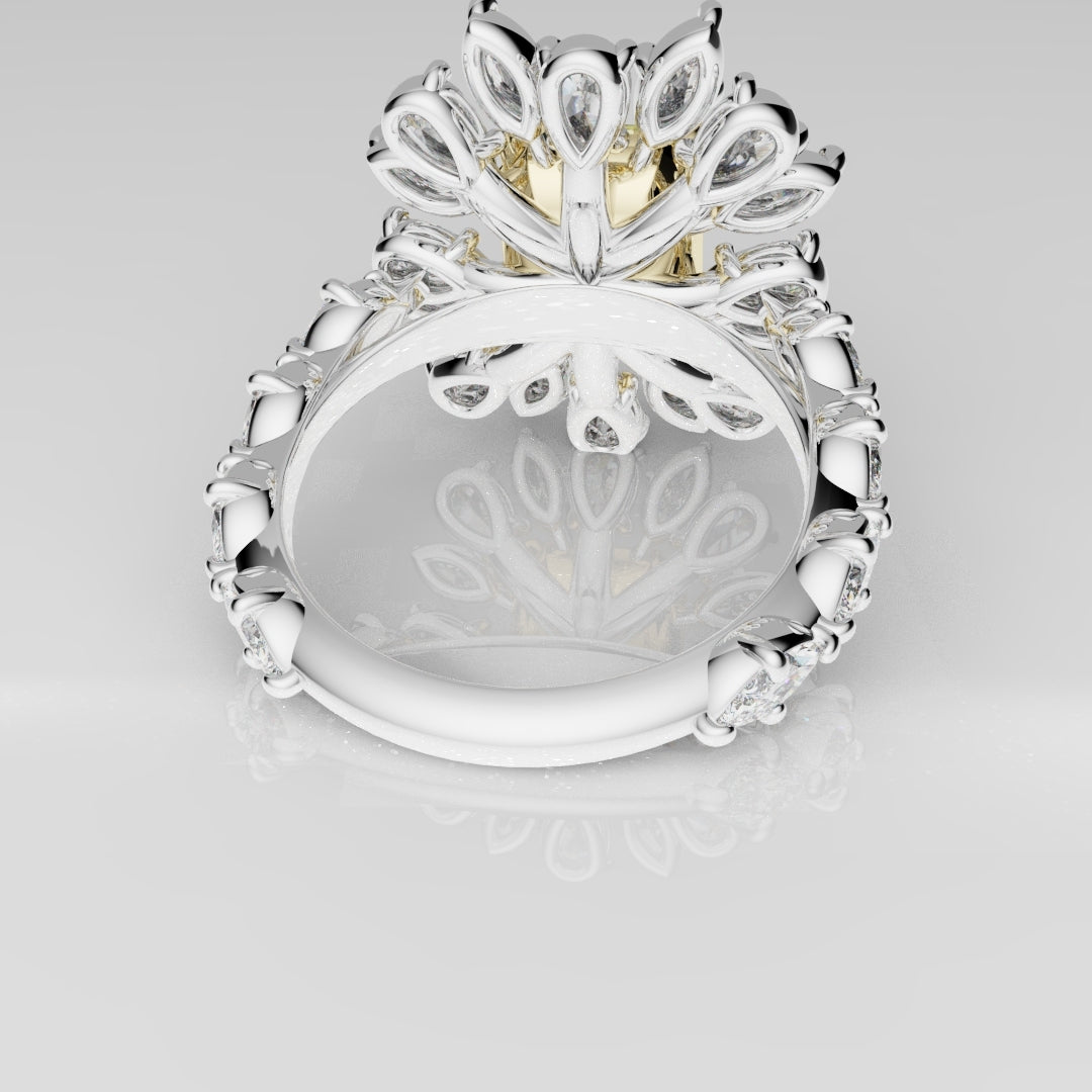 Platinum engagement ring with radiant cut yellow diamond centre stone and pear-marquise halo cluster for maximum brilliance.