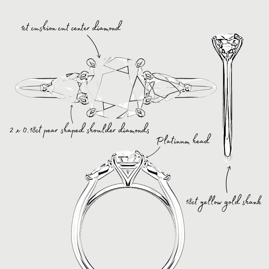 Cushion Cut Engagement Ring With Pear Shoulder Diamonds