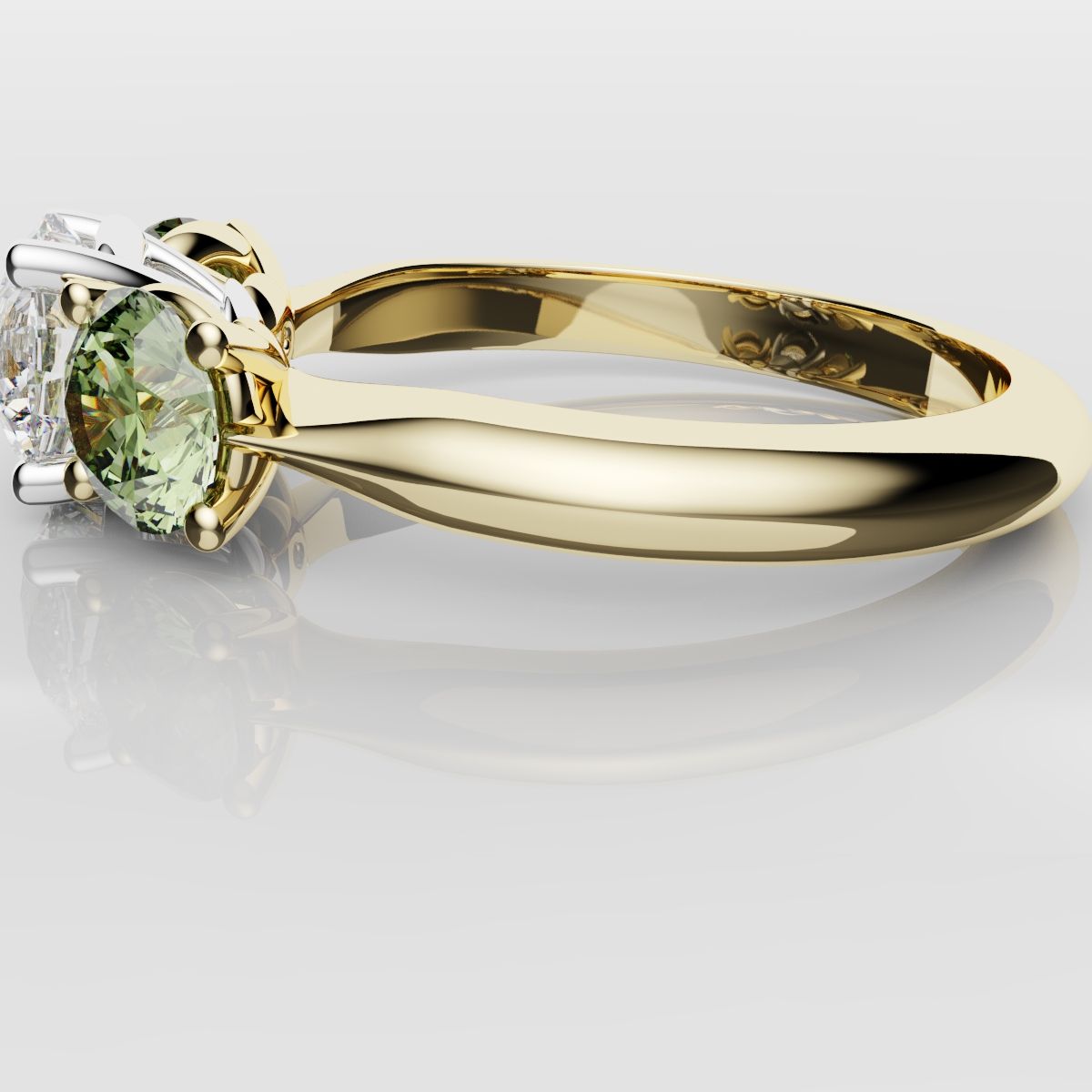 Three Stone Engagement Ring With Green Shoulder Diamonds