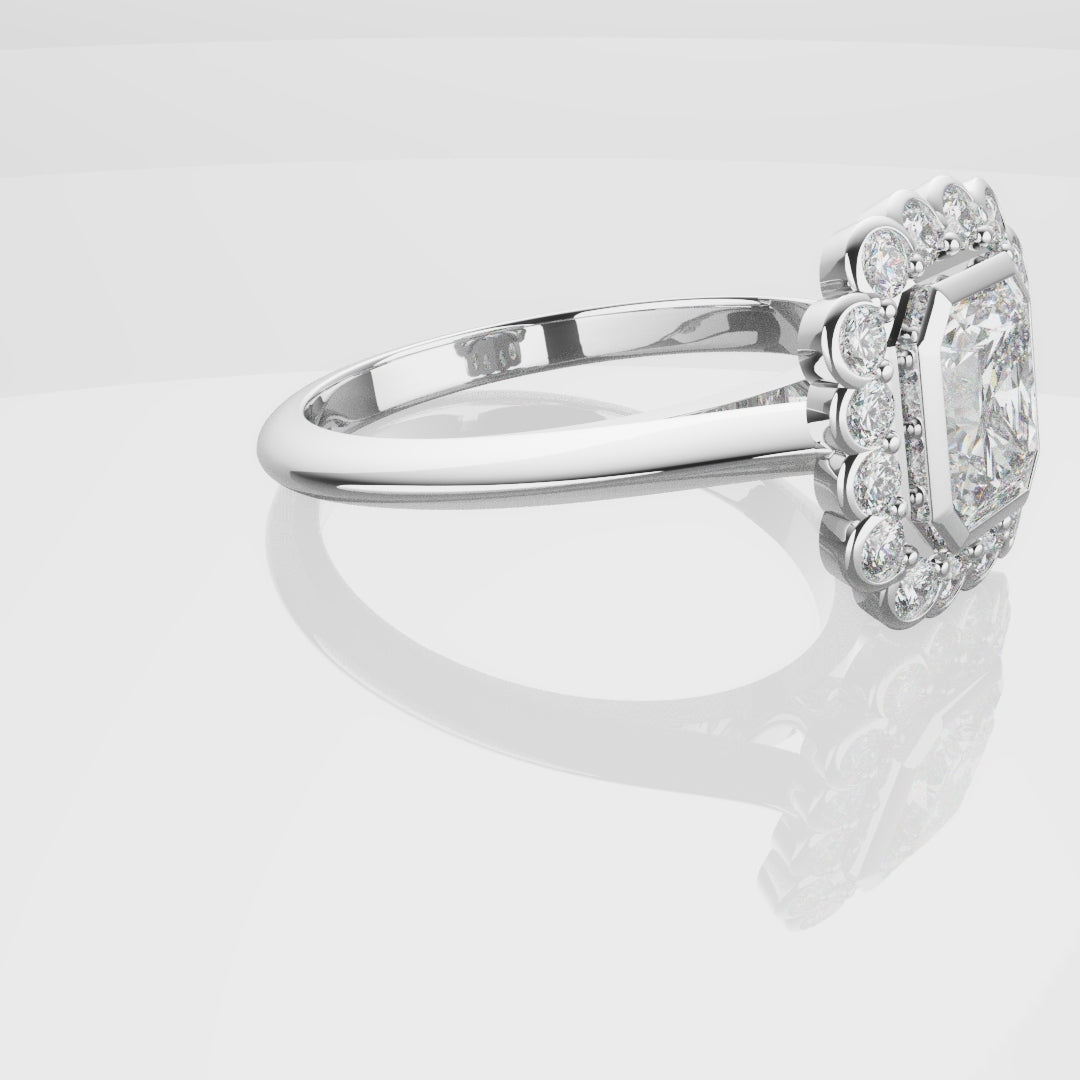 Radiant Cut Diamond Halo Engagement Ring With Rub-over Setting