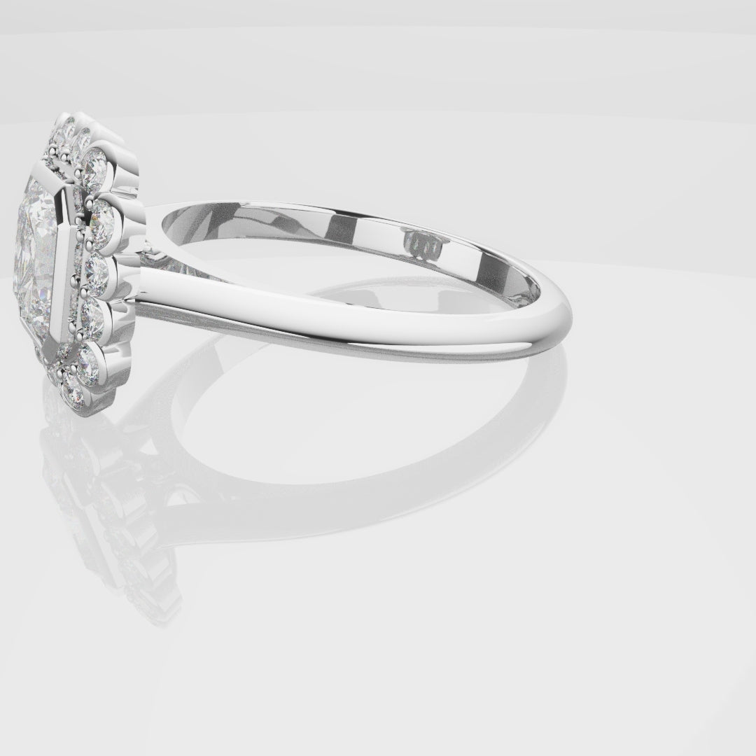 Radiant Cut Diamond Halo Engagement Ring With Rub-over Setting