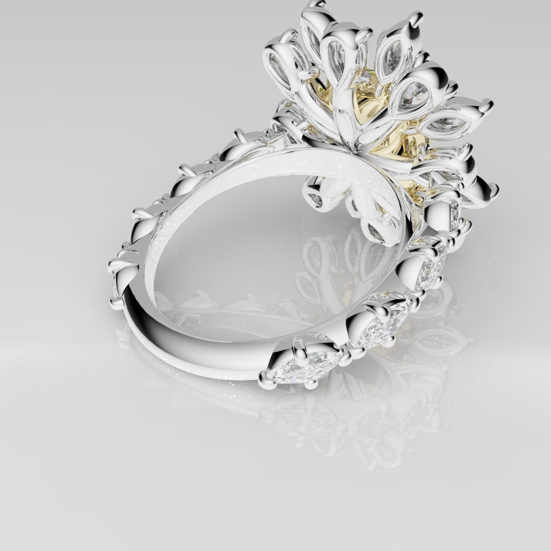 High-jewellery radiant yellow diamond ring with starburst marquise and pear diamond halo — exclusive bespoke creation.