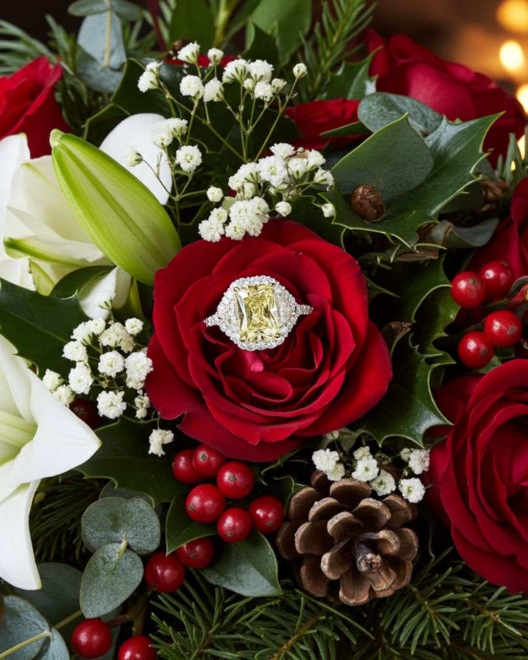 Radiant cut fancy yellow diamond engagement ring in a double halo setting, photographed inside a red rose with Christmas foliage, berries and pine cones — bespoke festive engagement ring by Hyde Park Design London.