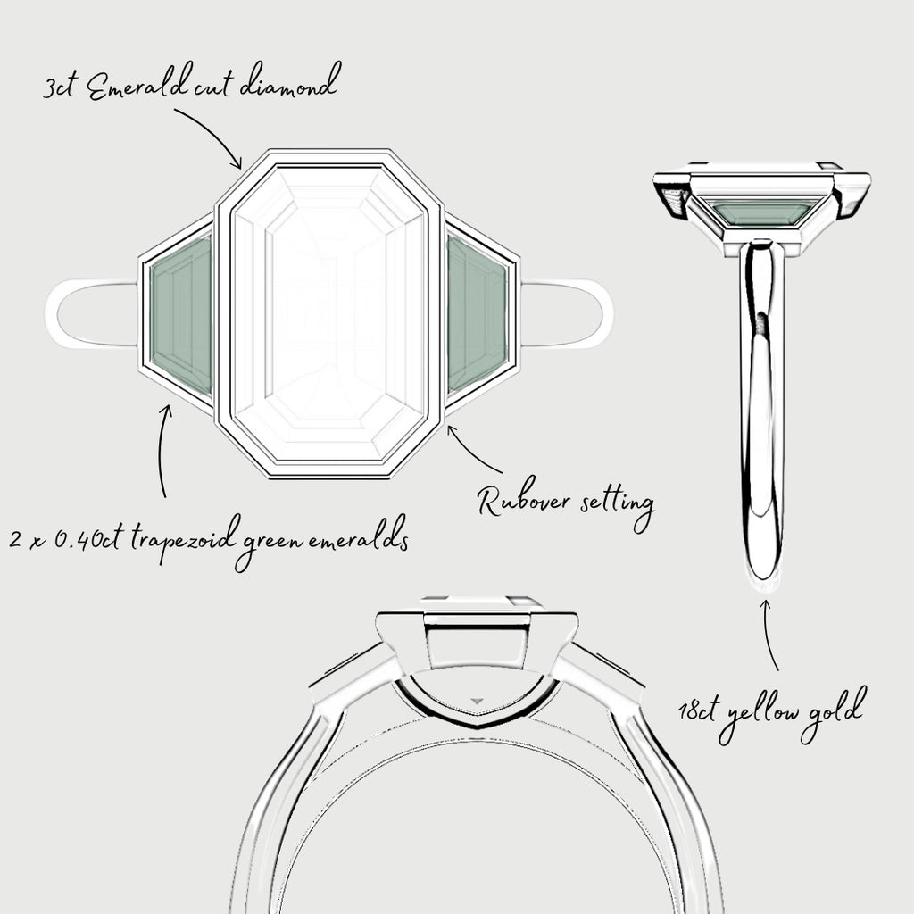 Emerald Cut Trilogy Engagement Ring With Green Emerald Trapezoids