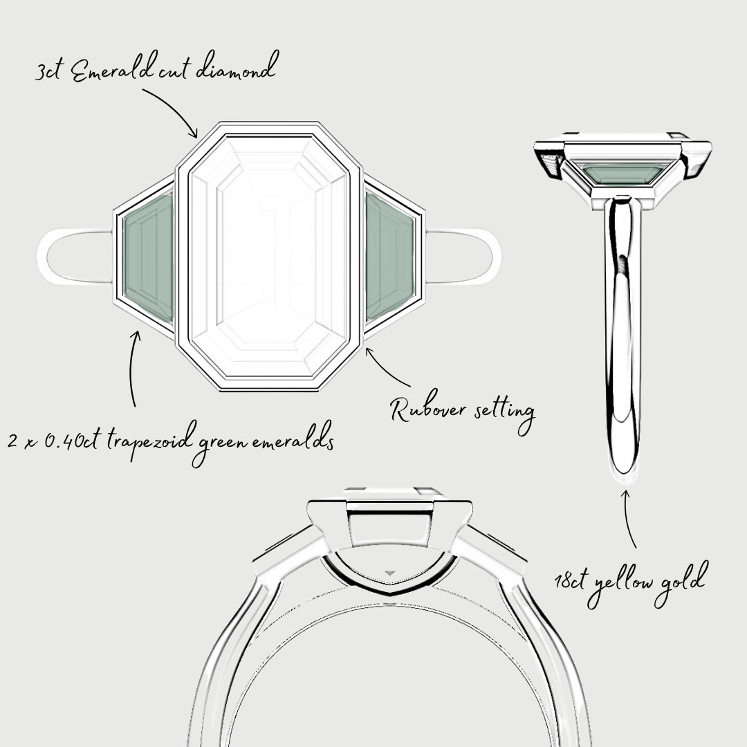 Emerald Cut Trilogy Engagement Ring With Green Emerald Trapezoids