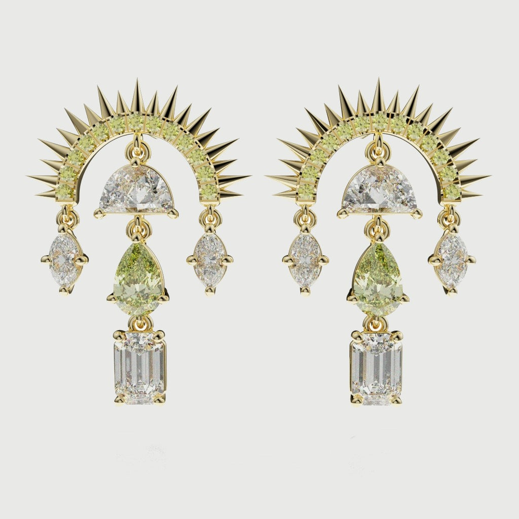 High jewellery sunburst earrings featuring fancy yellow diamonds with marquise, pear and emerald cut accents in 18ct gold.
