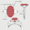 bespoke sketch of oval ruby trilogy engagement ring with heart shaped shoulder diamonds on a platinum band 