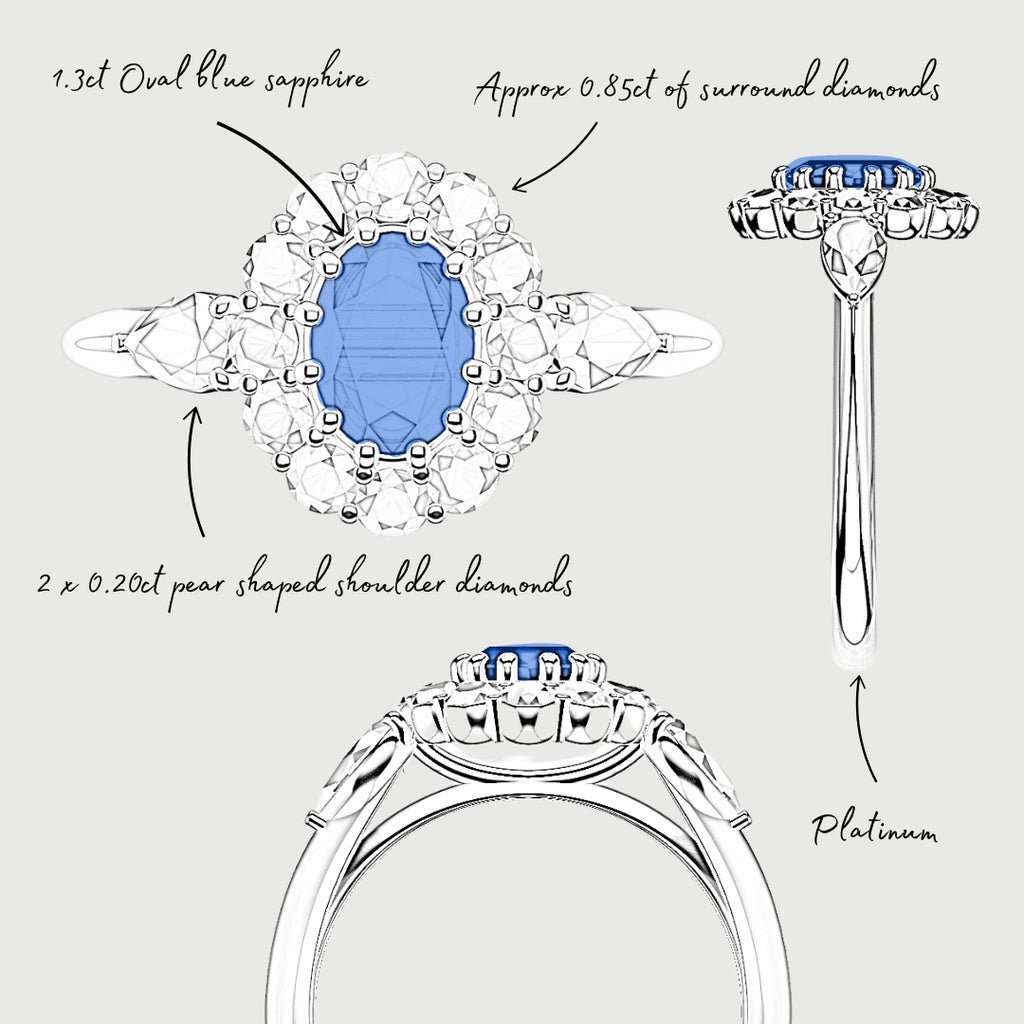 bespoke sketch of oval blue sapphire and diamond halo engagement ring 