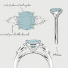 bespoke sketch of three stone cushion cut teal sapphire and pear diamond engagement ring 