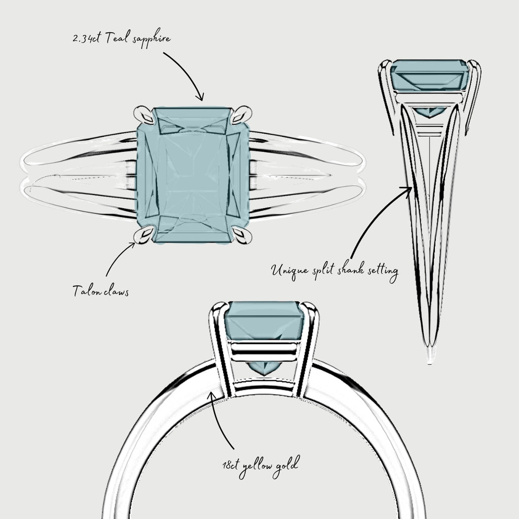 bespoke sketch of 2.3ct radiant cut teal sapphire engagement ring with a split shank 18ct yellow gold setting