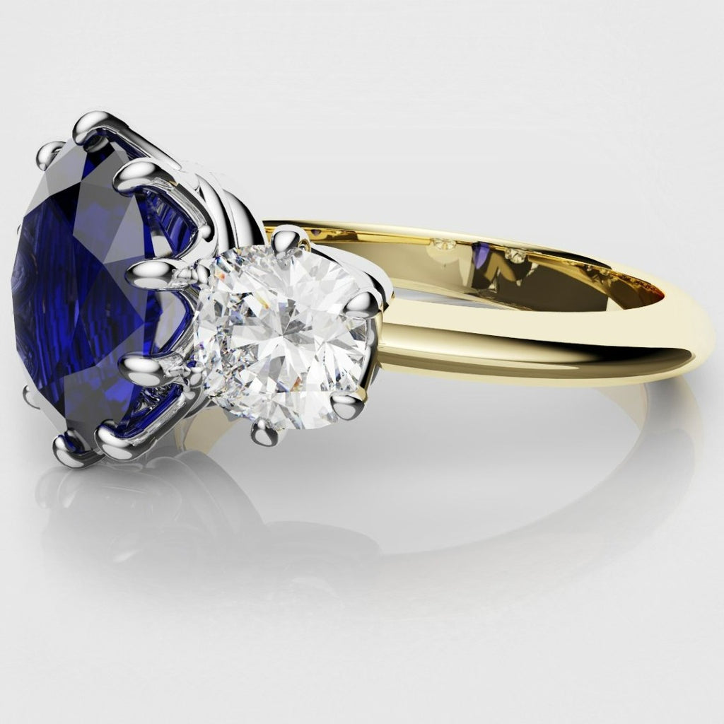 Ceylon Blue Sapphire and Cushion Cut Diamond Trilogy Engagement Ring