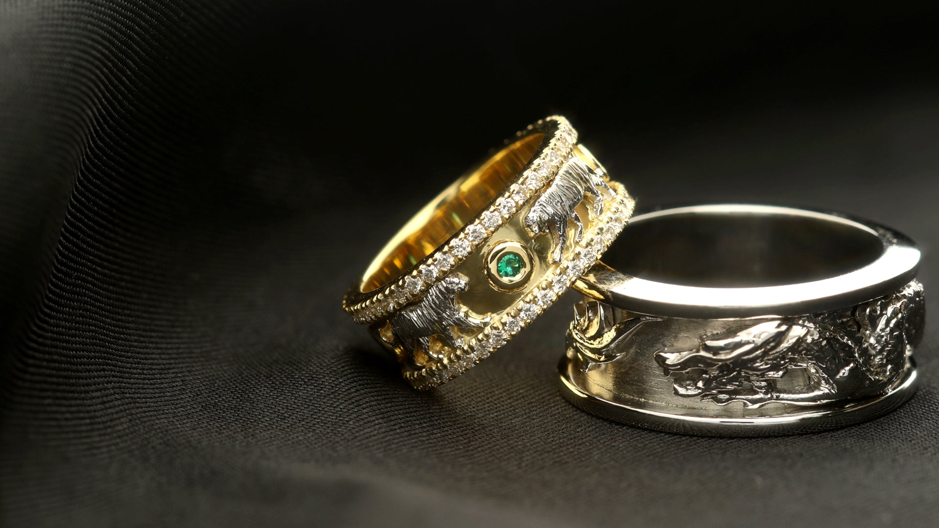 Platinum and gold chinese zodiac wedding rings