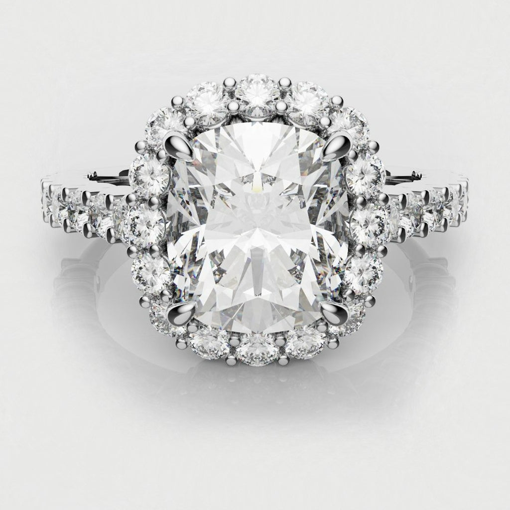 Cushion Cut Diamond Halo Engagement Ring - Shared Claw Setting