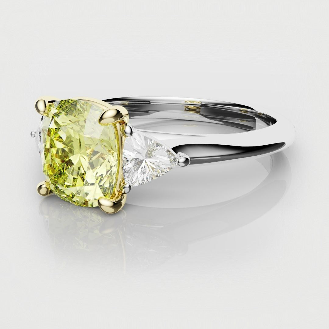 Cushion Cut Yellow Diamond Ring With Trilliant Shoulder Diamonds