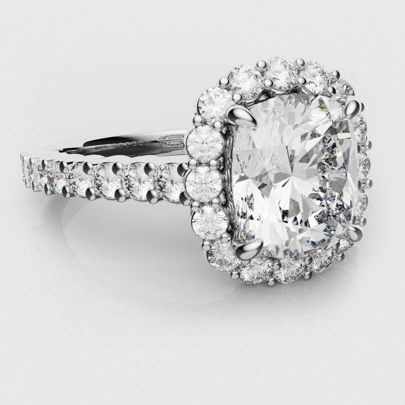 Cushion Cut Diamond Halo Engagement Ring - Shared Claw Setting