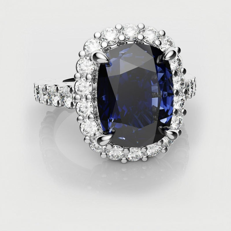 Cushion Cut Blue Sapphire Diamond Cluster Engagement Ring