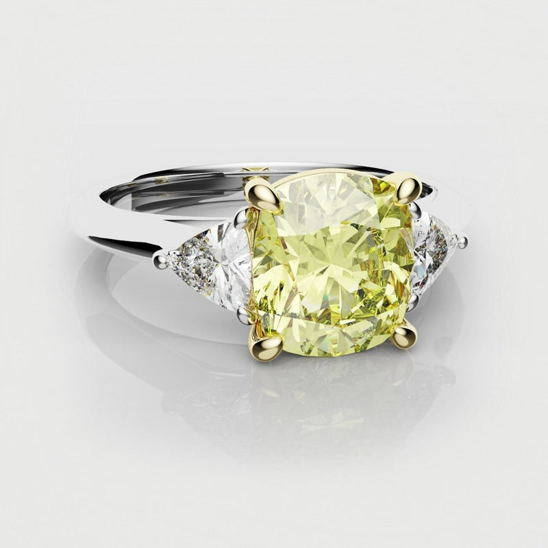 Cushion Cut Yellow Diamond Ring With Trilliant Shoulder Diamonds