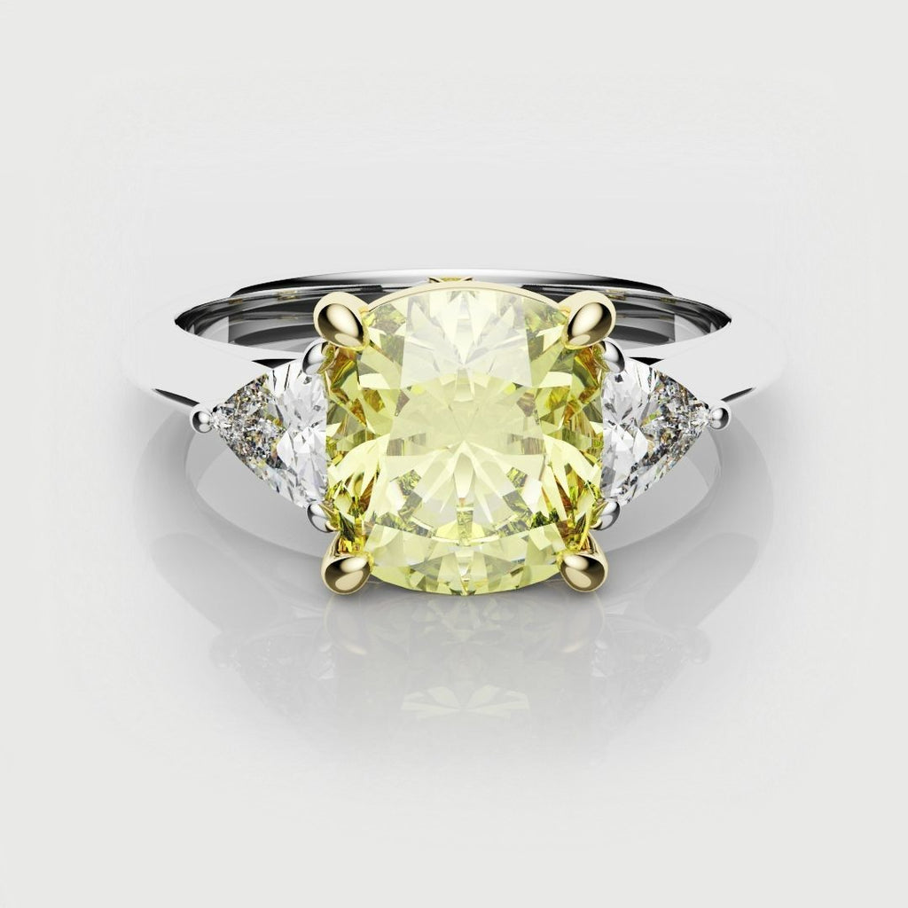 Cushion Cut Yellow Diamond Ring With Trilliant Shoulder Diamonds
